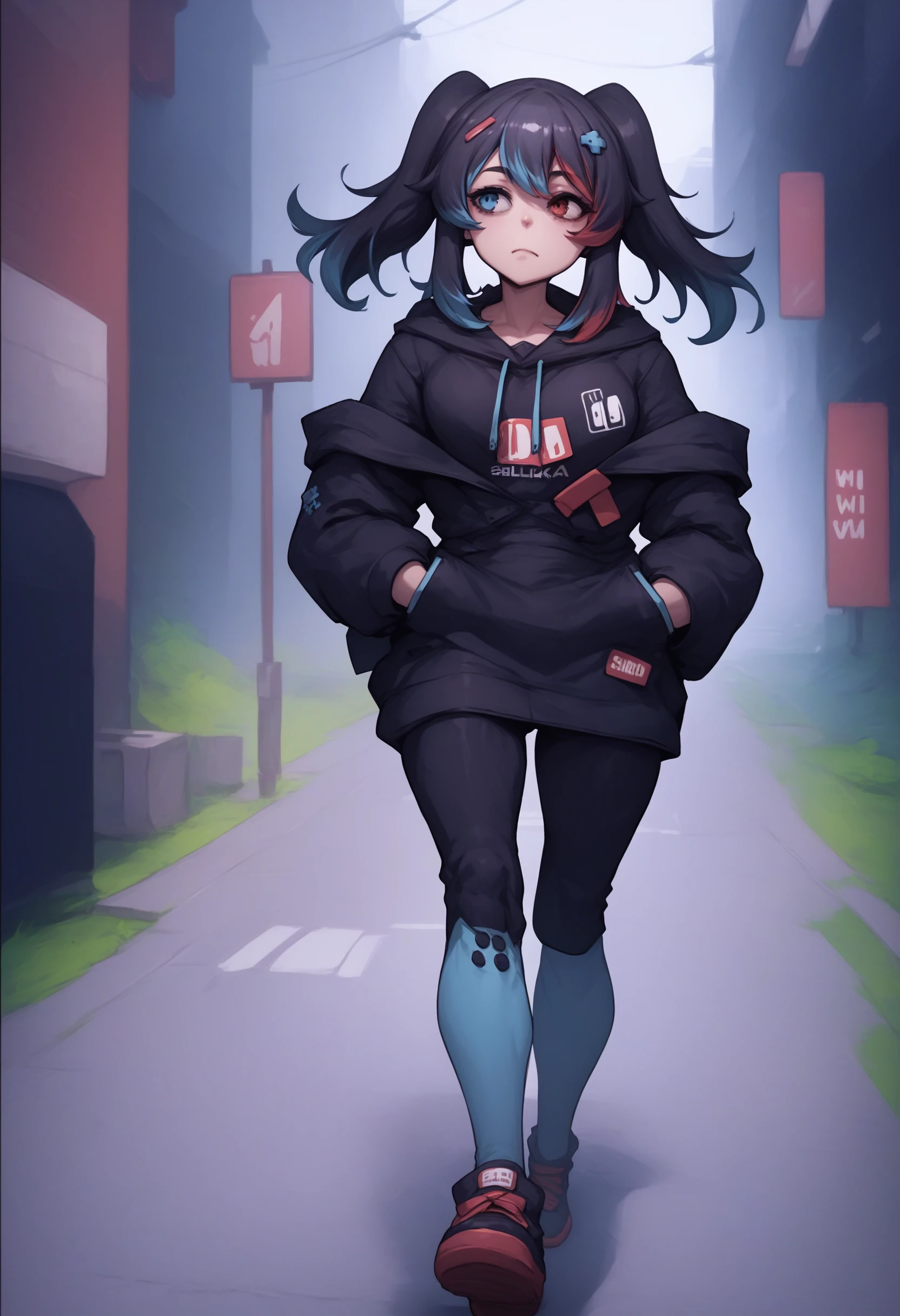 score_9, score_8_up, score_7_up, source_anime, 1girl, Switchchan, heterochromia, <lora:SwitchchanXLPD:1>, black hoodie, hands in pockets, outdoors, walking, <lora:NephliteXLPD:0.8>