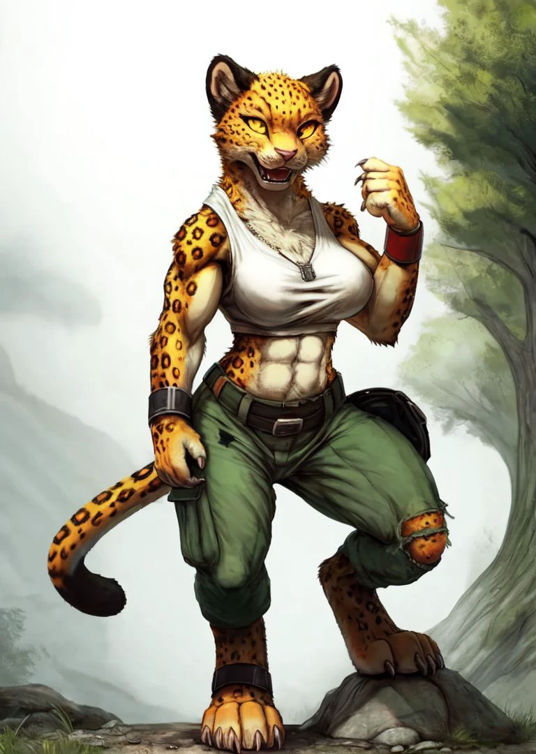 anthro,
female,
solo,
leopard,
cargo pants,
green cargo pants,
top,
muscular,
teeth,
fangs,
white top,
white tanktop,
tonned,
torn clothes,
torn shirt,
torn pants,
belt,
abs,
yellow eyes,
belts on pants,
utility belt on pants,
belt pouch,
clothes torn by fangs,
bags on pants,
pouches on pants,
bracelets,
brown bracelets,
barefeet,
paws,
dog tags,
feline paws,
white background,
<lora:Leopard_Bloody_Roar-10:1> leopard_bloody_roar, (best quality, good quality:1.4),
masterpiece,
best quality,
photorealistic,
hyperrealistic,
ultradetailed,
detailed background,
photo background,
digital drawing (artwork),
by o-kemono,
by darkgem,
by scruffythedeer,
by syuro,