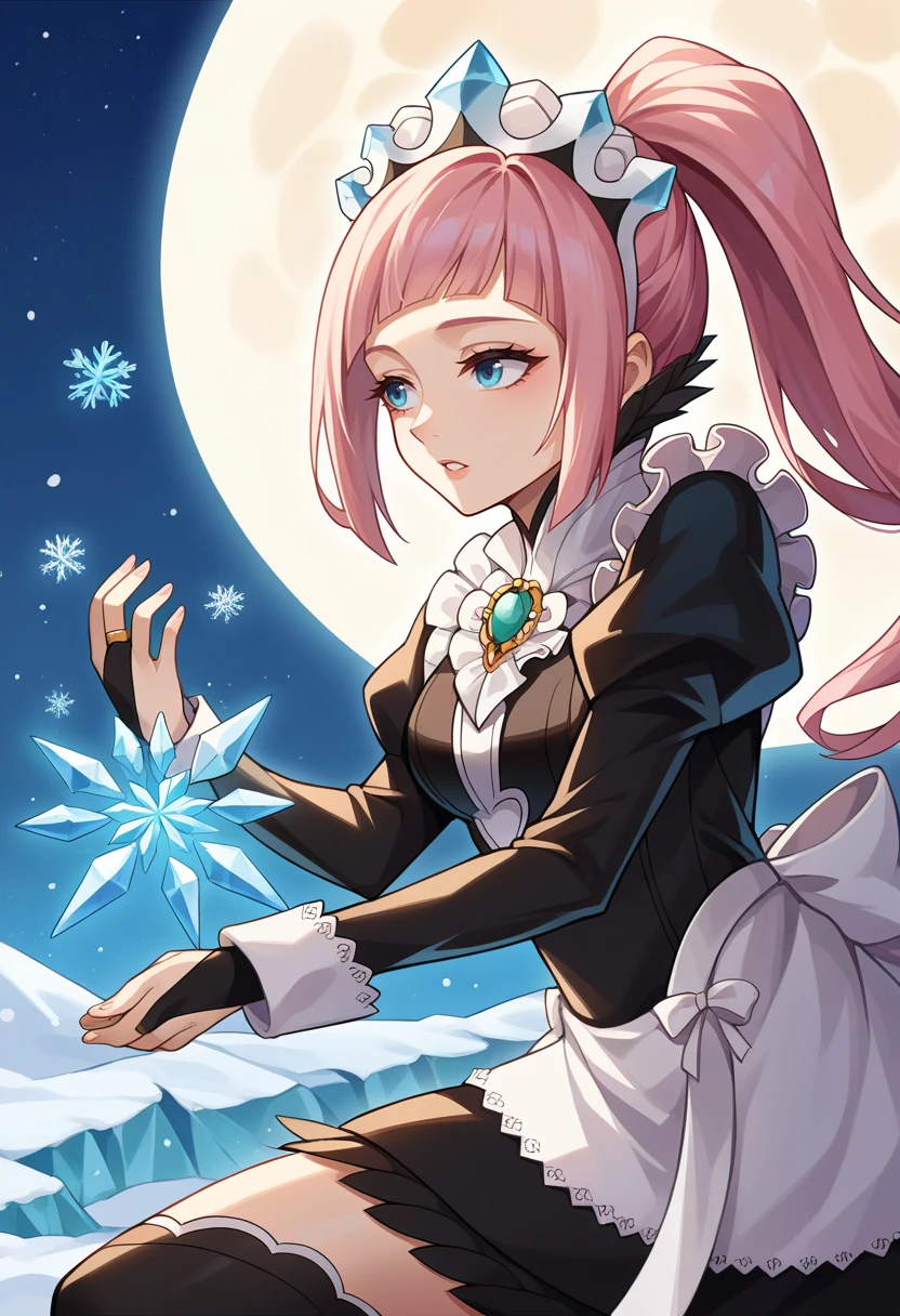 score_9, score_8_up, score_7_up, source_anime BREAK 1girl, solo, <lora:felicia-fe-richy-v1_xl:1> feliciadef, pink hair, ponytail, blue eyes, maid headdress, brooch, maid apron, black thighhighs, bridal gauntlets, icicle, casting ice spell, winter, ice, snow, tundra, dark, darkness, night sky, parted lips, beautiful, masterpiece, epic, intricate detail, furrowed brow, fine fabric emphasis, raytracing, full moon, ice magic, looking to the side,