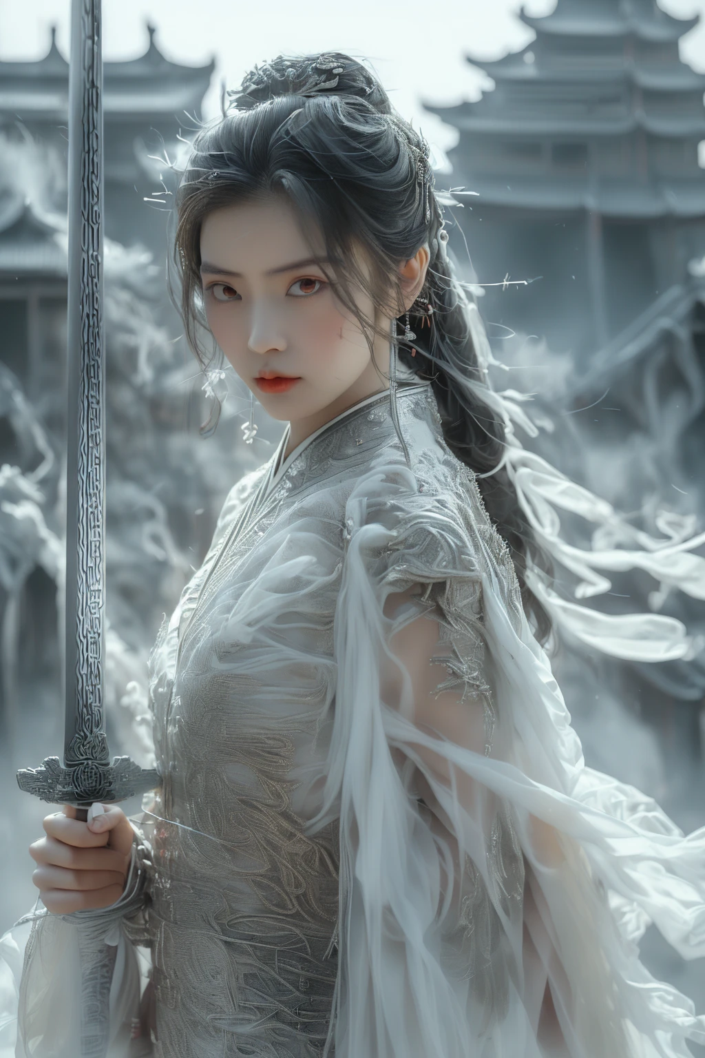 swordswoman, 1girl,Ancient Chinese girl,sword, handing sword,red dress