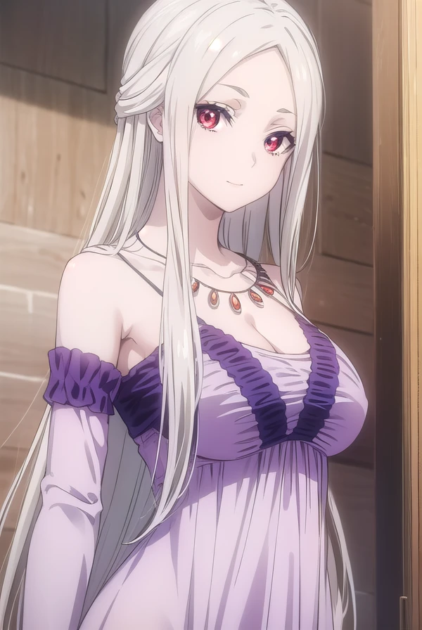 leonoranakiri, <lora:leonora nakiri s2-lora-nochekaiser:1>,
leonora nakiri, long hair, (red eyes:1.2), white hair, pale skin, (forehead:1.2), smile,
BREAK dress, cleavage, bare shoulders, jewelry, necklace, purple dress,
BREAK indoors,
BREAK looking at viewer, (cowboy shot:1.5),
BREAK <lyco:GoodHands-beta2:1>, (masterpiece:1.2), best quality, high resolution, unity 8k wallpaper, (illustration:0.8), (beautiful detailed eyes:1.6), extremely detailed face, perfect lighting, extremely detailed CG, (perfect hands, perfect anatomy),