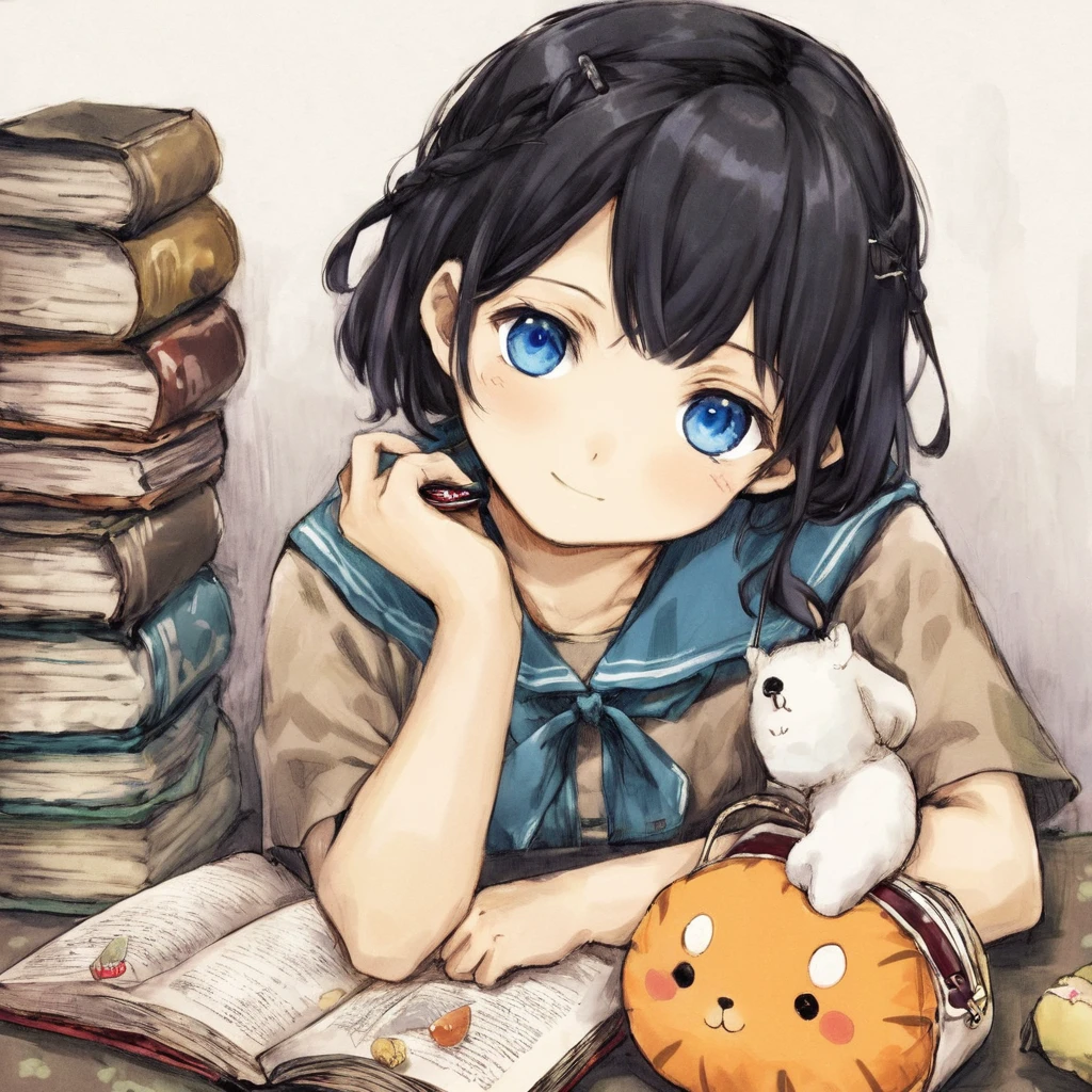 1girl,solo,blue eyes,black hair,hair ornament,food,hairclip,bag,stuffed toy,stuffed animal,child,can,white frame,book page,in ABeS567 style, <lora:ABeLoRaXL-000007:1>