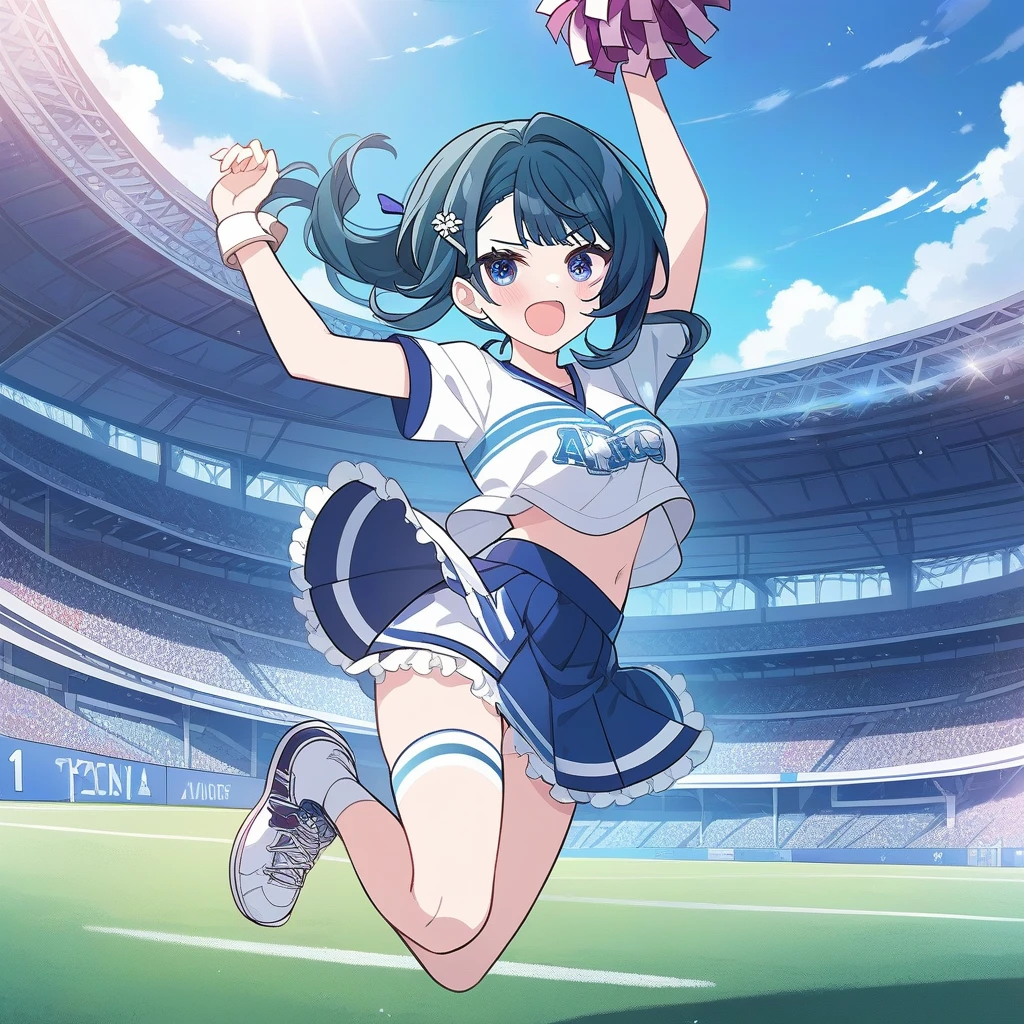 1girl, aizawa_kazuha, cheerleader, jumping, open mouth, football stadium, full body, <lora:aizawa_kazuha_XL:1>, ultra-detailed, detailed, beautiful detailed eyes, beautiful detailed face, anime coloring, official style, 8K, highres, newest, late, solo, cute