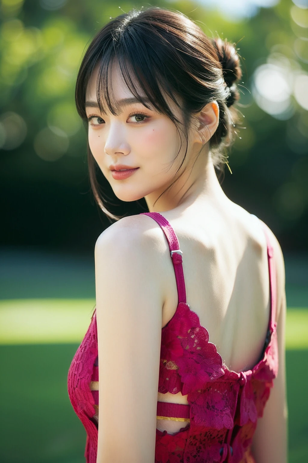 Focus on people。Create and express the best shining composition of the person in a realistic way。((masterpiece))、(((top-quality)))、((ultra-detailliert))、(A hyper-realistic)、(highly detailed CGillustration)、(extremely delicate and beautiful)、Girl a masterpiece、top-quality、Realistic skin feeling、Realistic fabric、We will introduce a realist illustration focusing on the center front of girls with realistic and ultra-detailed eyes.。This is the absolute rule, and the following sentence expresses the image quality。 The greatest painter in human history meets an unparalleled beauty、It is the greatest masterpiece in the history of the Inuiku Ichigo, which depicts the most beautiful figure of a lifetime.。 Create stunning anime artwork that is currently trending on seaStation、Introducing exquisite beauty and seductive aesthetics。Hair is tied up、Black pesant dress with detailed floral embroidery、The background is outdoors