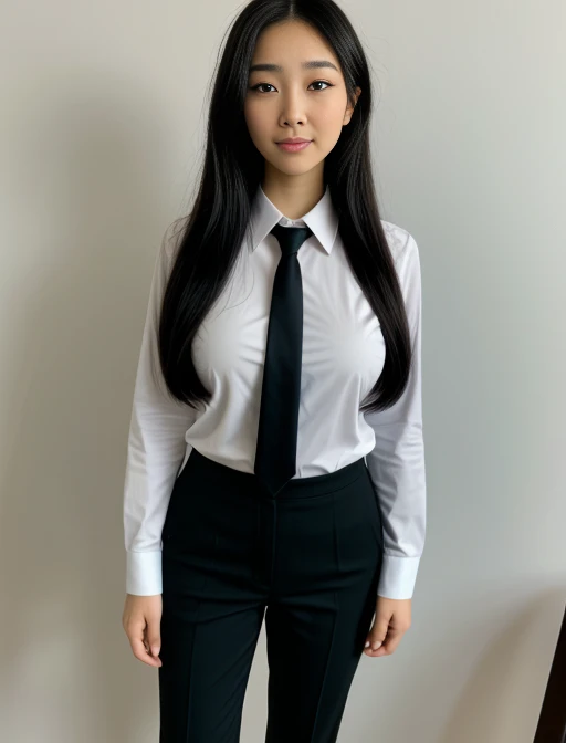 full body shot of business photo of meikoui, pants, black attire, big breasts, collared shirt, tucked shirt, <lora:meikoui:1>. Professional attire, workplace setting, confident. Whole outfit, clear, sharp, balanced<lora:lcm-lora-sd15:1.0>