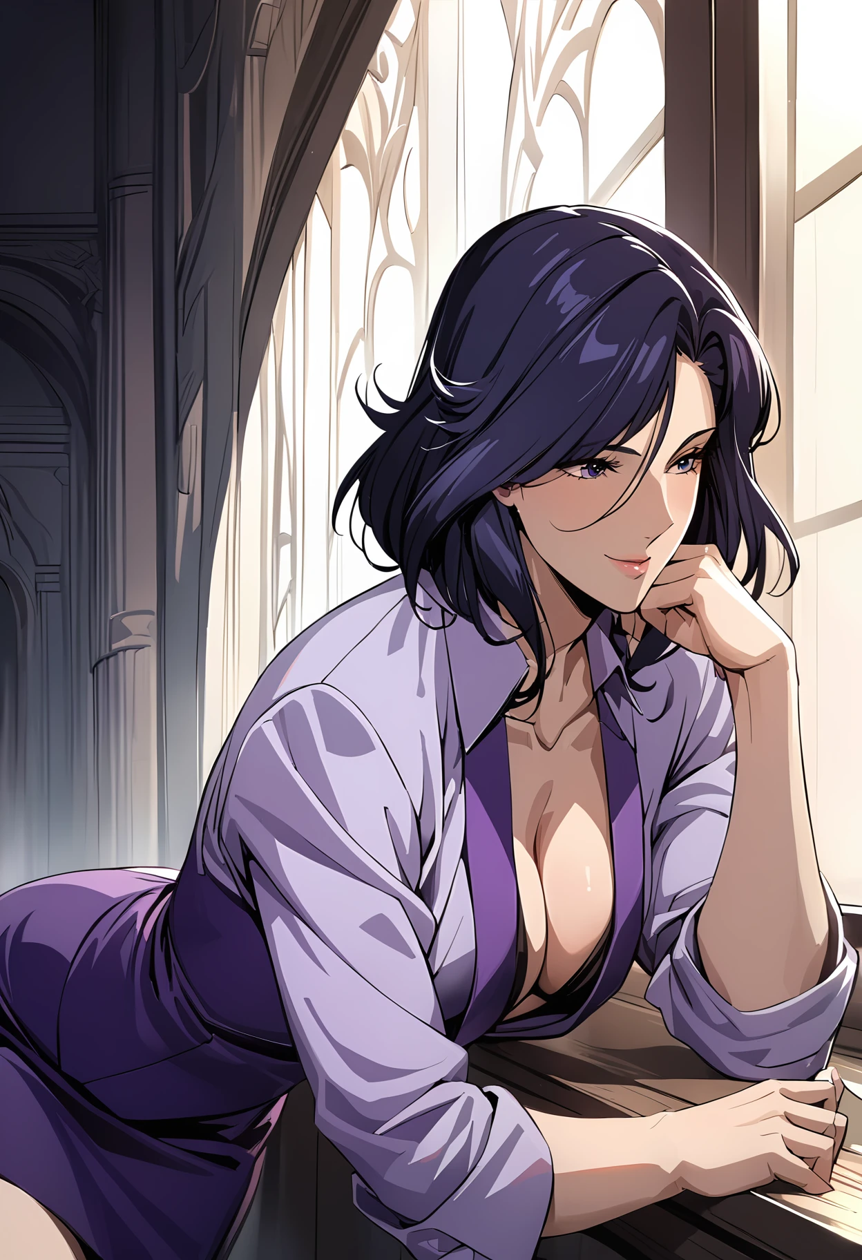 <lora:saeko1-000008:1>,fsa3ko, saeko_suit, leaning against a wall, smile, sultry gaze, gothic venue, looking away, profile, vibrant colors, masterpiece, best quality, very aesthetic