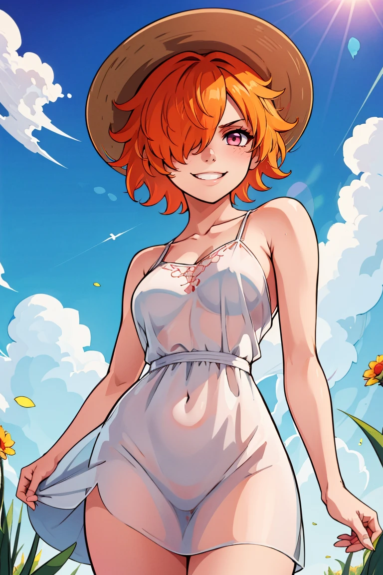 ((masterpiece,best quality)), absurdres, <lora:Vegapunk_Lilith:0.8>, vegapunk lilith, orange hair, pink eyes, hair over one eye, smile, smug, looking at viewer, cowboy shot white sundress, sun hat, flowing winds, sunny, outdoors,