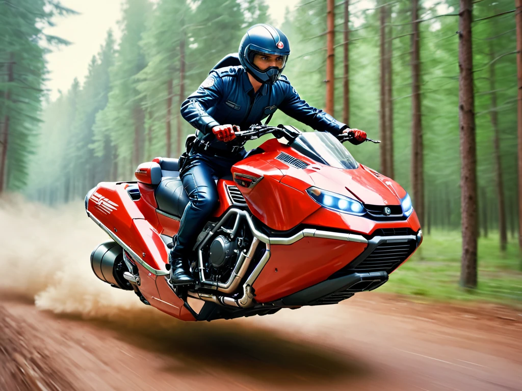 <lora:Hover_Bike:1> hover_bike, red vehicle, motorcycle wihtout wheels, (pilot:1.4), forest, soft light, storm, speed motion blur