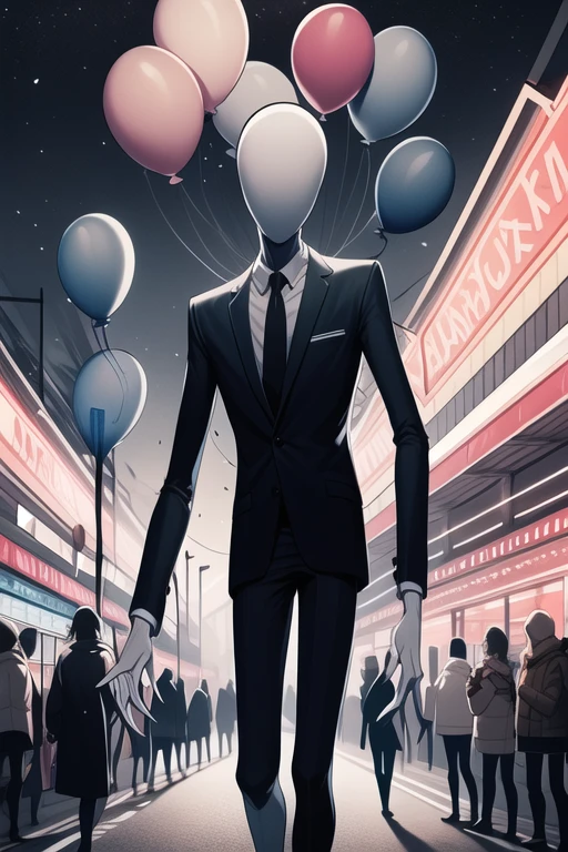 <lora:slenderman-07:1>, slenderman, holding balloons, night time, carnival, lights, festival,, masterpiece, best quality