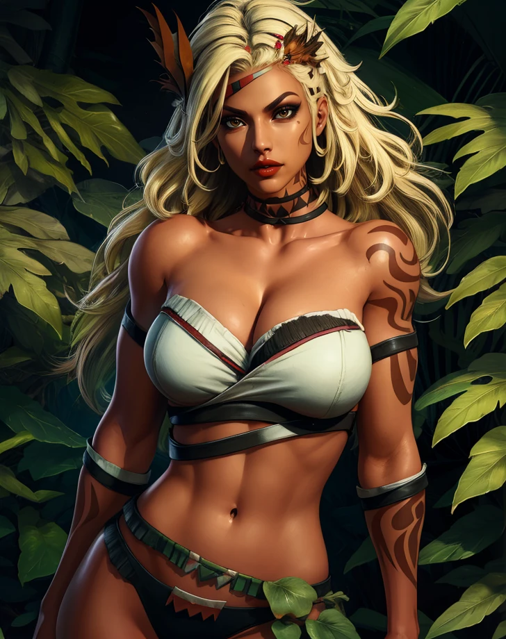 Zhurong,long blonde hair,brown eyes,arm tattoo,lips,navel,
cleavage,
hair ornament,midriff,white painties,strapless,choker,
jungle,morning,
(insanely detailed, masterpiece, best quality),<lora:Zhurong-10DW:0.8>,solo,