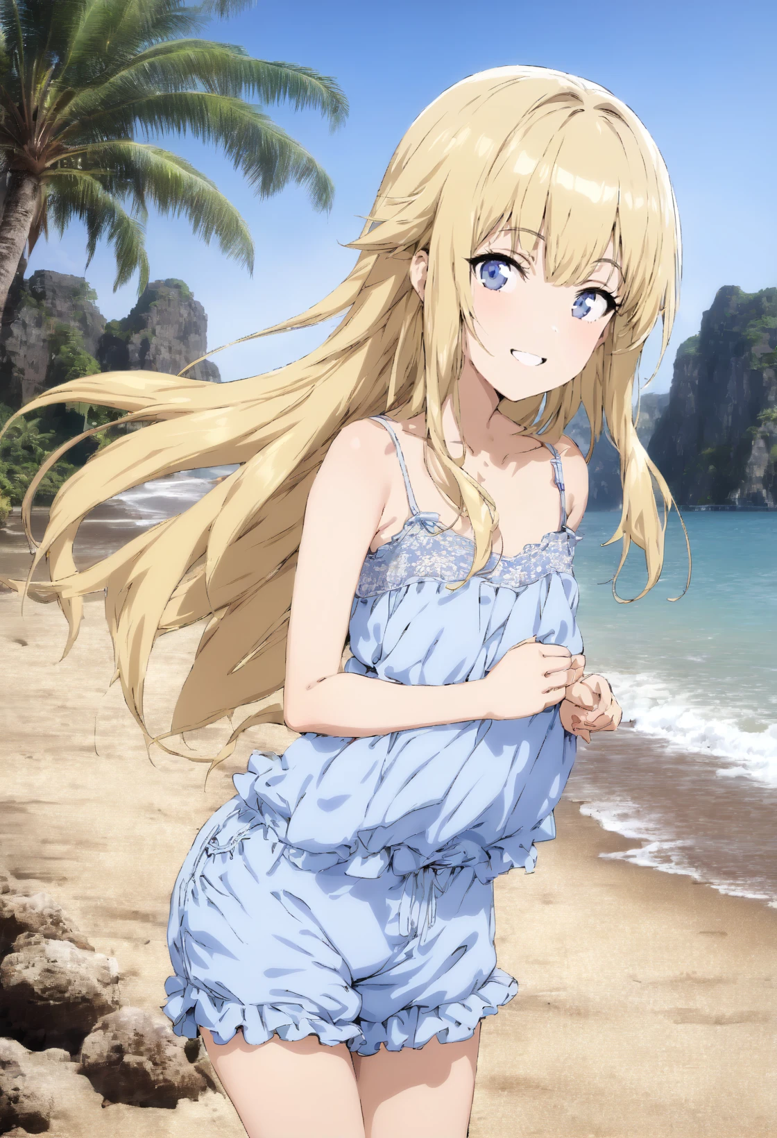 celestiara, 1girl, solo, hairband, blue one-piece swimsuit, see-through, cleavage, smile, closed mouth, beach, blush, palm tree, v arms, ocean, breasts squeezed together, sunset <lora:celestiara_V5-10:0.7> <lora:Breasts_squeezed_together_v0.2:1>