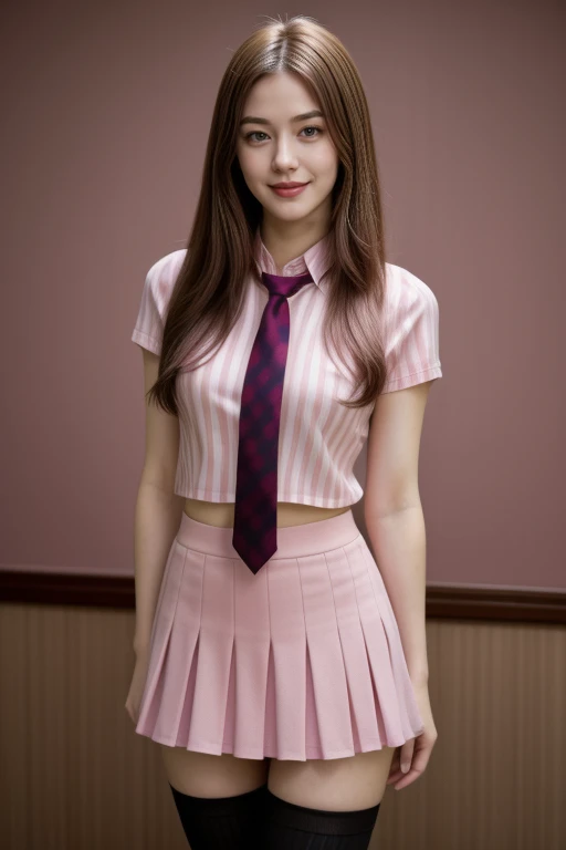 ((1 girl, 22 y.o, Masterpiece, best quality, cinematic lighting, 8k, full body shot, long hair, hourglass body)), (smile:0.85), (realistic background:1.2)
<lora:Striped_C1_Dress_By_Stable_Yogi:1>
pink shirt, striped print, necktie, skirt, thighhighs
