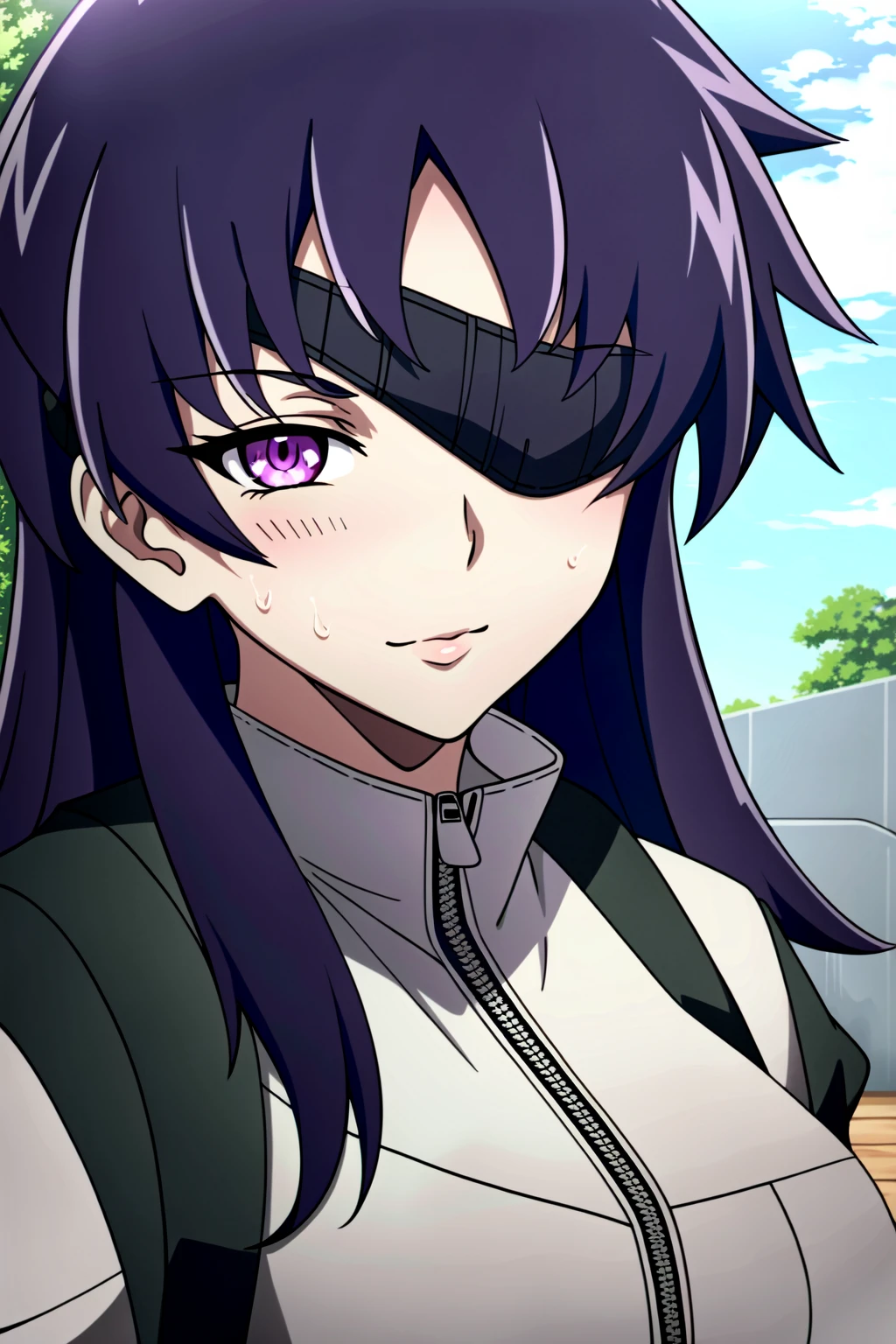 (extremely detailed CG unity 4k wallpaper),(masterpiece),(best quality),(ultra-detailed),(best illustration),(best shadow),(absurdres),(detailed background) <lora:OGT_Uryuu_Minene-v1:1> Uryuu Minene, 1girl, solo, purple eyes, eyepatch, long hair, purple hair, sweatdrop, zipper, outdoors, looking at viewer, light smile