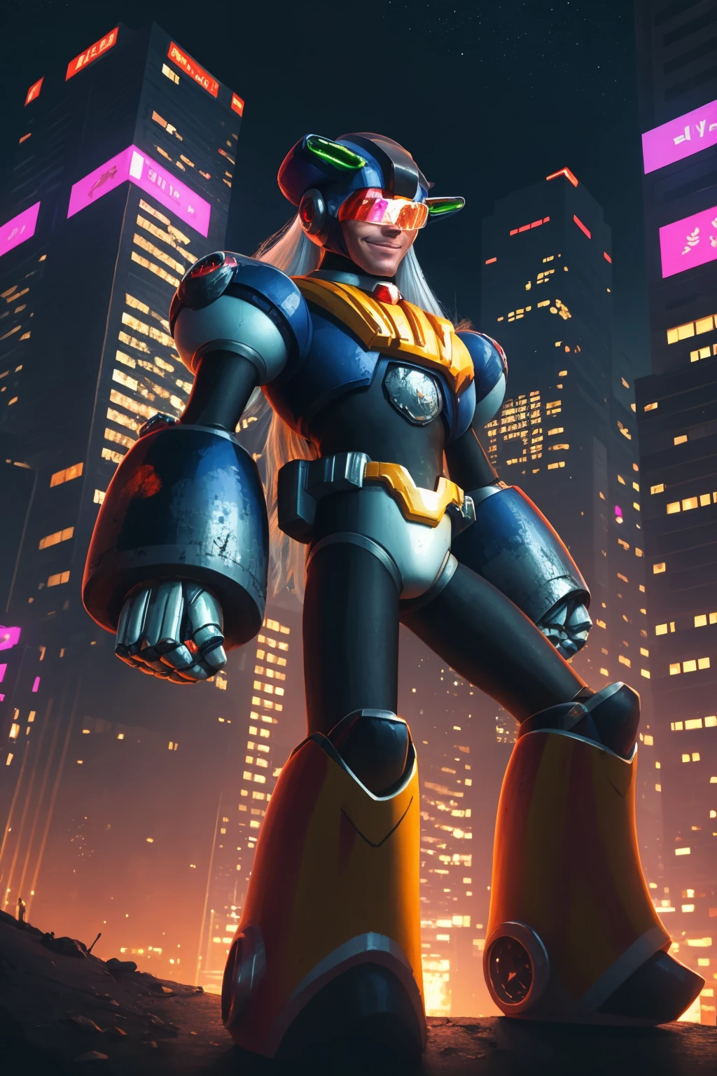 masterpiece, best quality,
1boy, dynamo, long hair, white hair, helmet, tinted eyewear, android, armor, robot,
standing, smile, solo, night, city light, view from below, night sky, cyberpunk city background <lora:Dynamo:1>