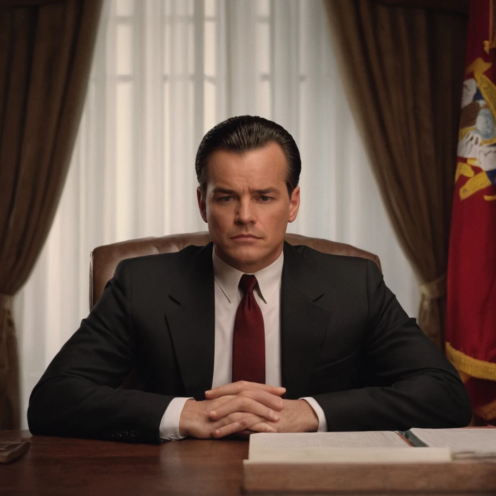 cinematic film still of <lora:Command and Conquer style v2:1>
President Michael Dugan a man in a suit sitting at a desk,solo,shirt,black hair,long sleeves,1boy,sitting,closed mouth,jacket,closed eyes,white shirt,male focus,necktie,collared shirt,indoors,black jacket,window,chair,formal,own hands together,suit,curtains,red necktie,interlocked fingers,realistic,old,pillarboxed Allied, American, US, Command & Conquer, Red Alert style, Command and Conquer style, shallow depth of field, vignette, highly detailed, high budget, bokeh, cinemascope, moody, epic, gorgeous, film grain, grainy