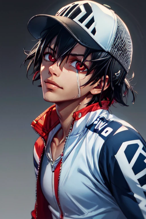 photorealistic, (4k), depth of field, (Masterpiece), (realistic skin texture), extremely detailed, intricate, hyper detailed, high resolution, professional photography, , depth of field, sharp detail, best quality, looking at viewer, 1boy, solo, male focus, <lora:yuuto_shinkai:0.84>, yuuto_shinkai, black hair, red eyes, jacket, snapback, spring,