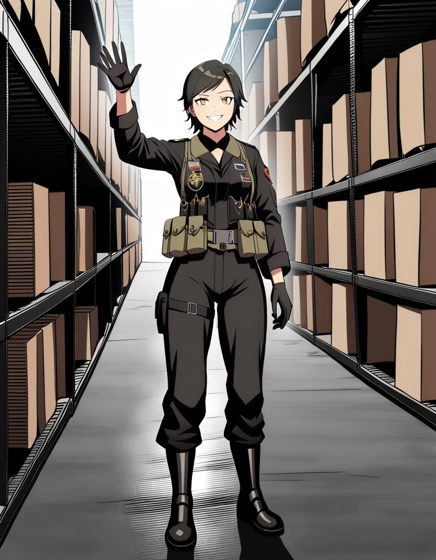 1girl,mideastelite,Taliana,<lora:TalianaAnimagine:0.8>,small breasts,very short hair,patch,bangs,military uniform,black clothes,jacket,pants,pouch,smiling,waving,looking at viewer,outdoors,in warehouse,gloves,full body,metal boots, <lora:MideastEliteXL:0.85>,newest,by cuboon,by wada_sachiko,by 4gafafa