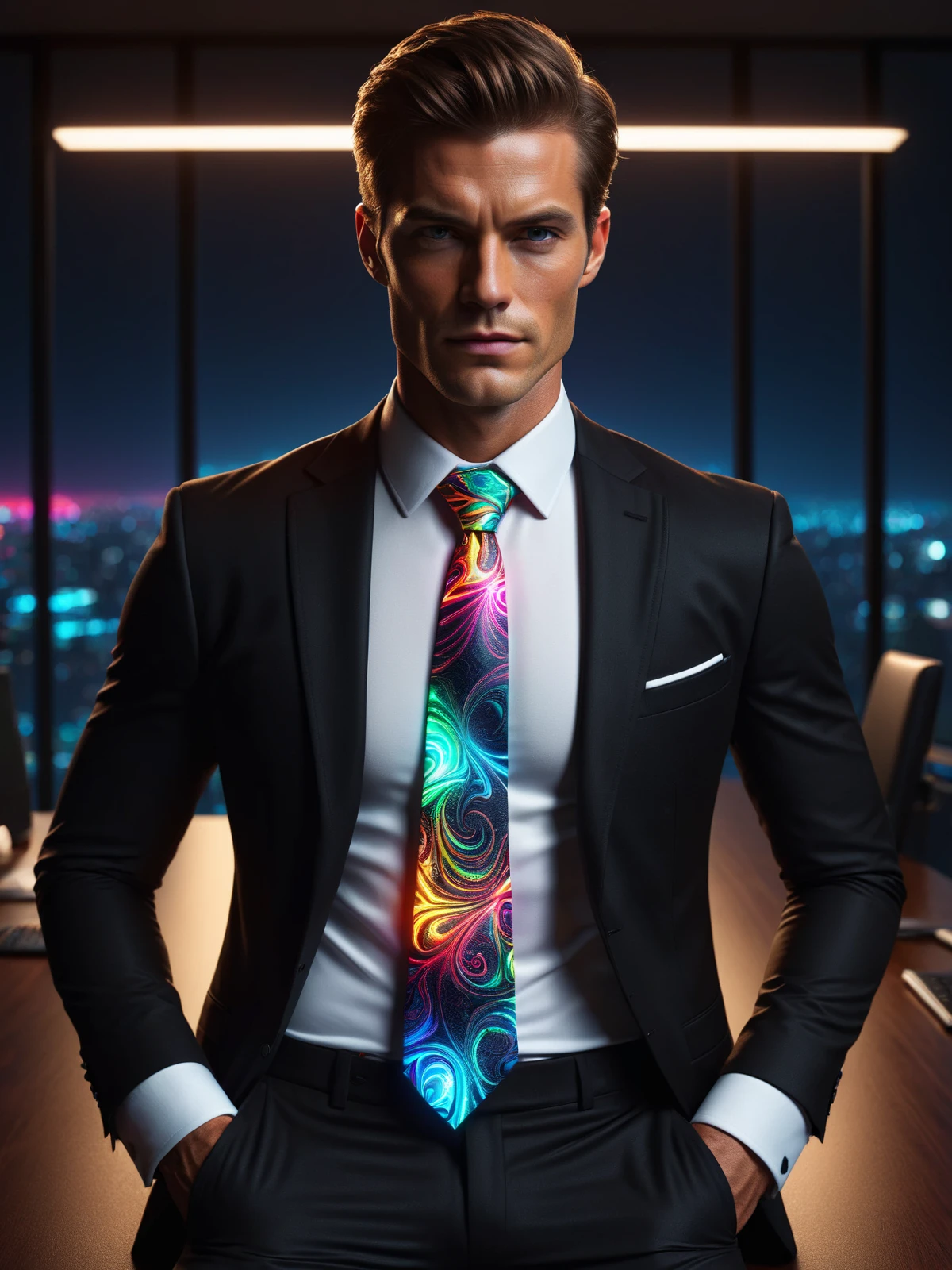 man wearing a glowing colorful mad-mbp necktie and white shirt and black suit in office, night, dynamic pose <lora:Glowing_Marbled_Paper_SDXL:0.6>, (masterpiece:1.2), best quality, (hyperdetailed, highest detailed:1.2), high resolution textures