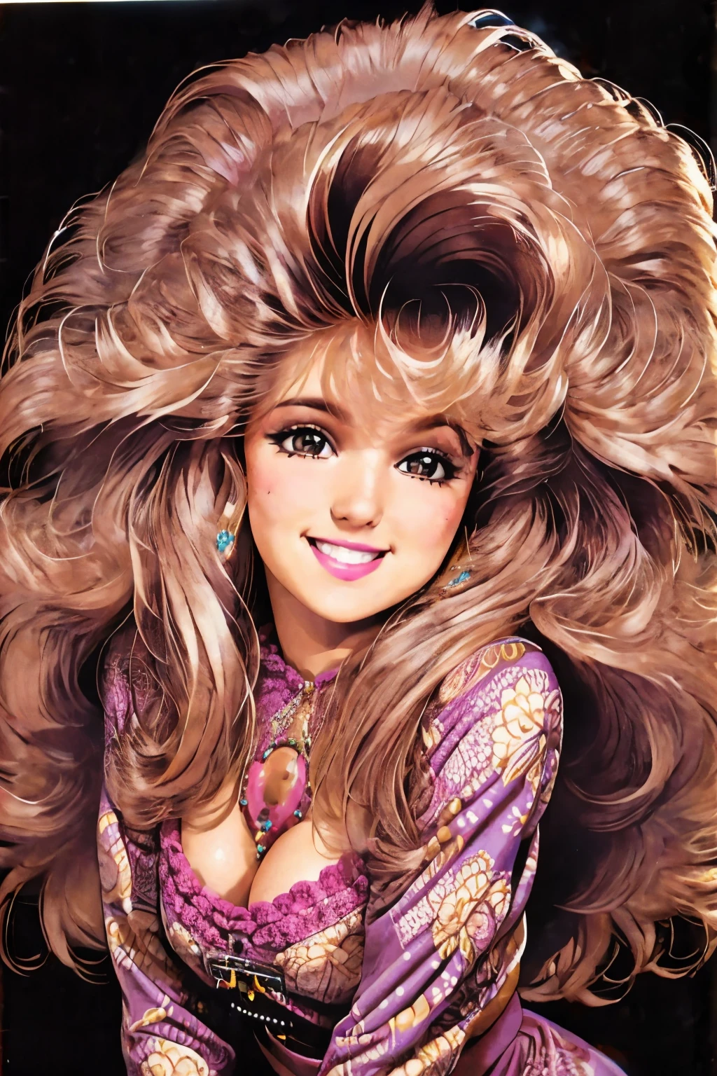 cowboy shot of a young caucasian woman, 80s style, dress, big hair, cute face, cute smile, detailed face, detailed skin, ultra-realistic, extremely detailed, <lora:skin_slider_v10:0.5>, <lora:btbighai:0.8>