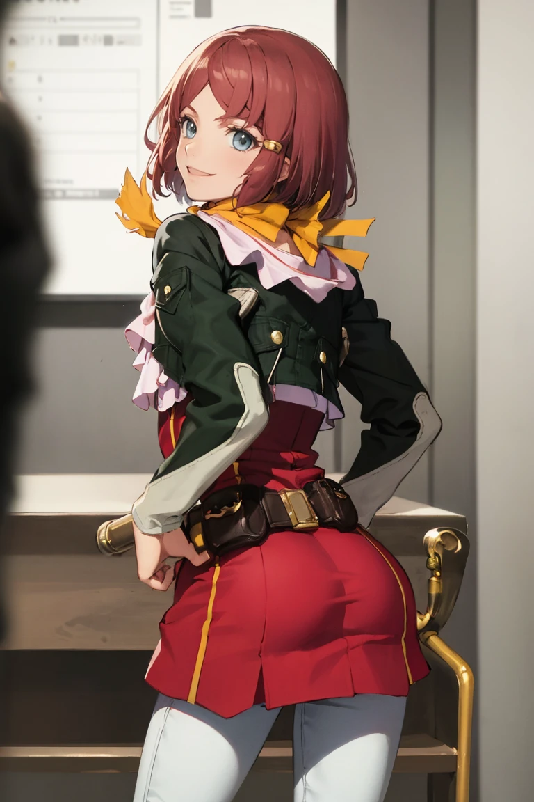 masterpiece, best quality, absurdres, RoseTales, short hair, hair tubes, yellow scarf, cropped jacket, red dress, belt, white pants, boots, from behind, looking back, smile, <lora:CHAR-RoseTales:1>