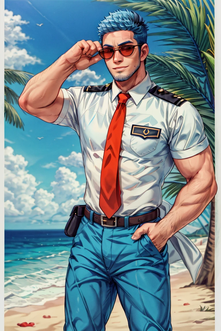 (1 image only),  solo male,  Wilbur,  Animal Crossing,  personification,  pure blue hair,  short hair,  black eyes,  blue facial hair,  jawline stubble,  aviation pilot uniform,  white collor shirt,  red necktie,  epaulette,  aviator sunglasses,  blue pants,  socks,  black footwear,  bandaid on nose,  mature,  dilf,  bara,  handsome,  charming,  alluring,  grin,  standing,  upper body,  hand in pocket,  pectoral cleavage,  perfect anatomy,  perfect proportions,  (best quality,  masterpiece),  (perfect eyes,  perfect eye pupil),  perfect hands,  high_resolution,  dutch angle,  cowboy shot,  seaside,  summer,<lora:EMS-297361-EMS:0.700000>