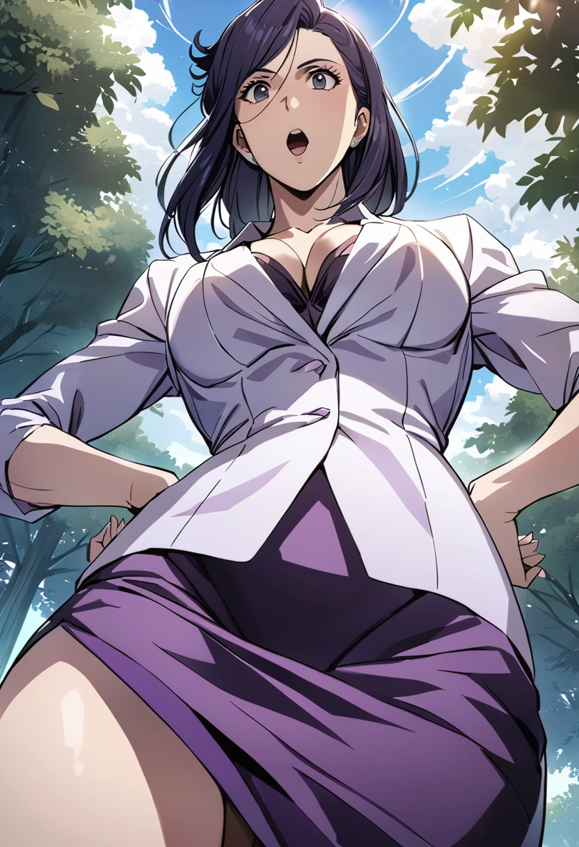 breathtaking <lora:saeko1-000008:1>,fsa3ko, saeko suit, outdoors, from below, hands on hips, surprised, masterpiece, best quality . award-winning, professional, highly detailed