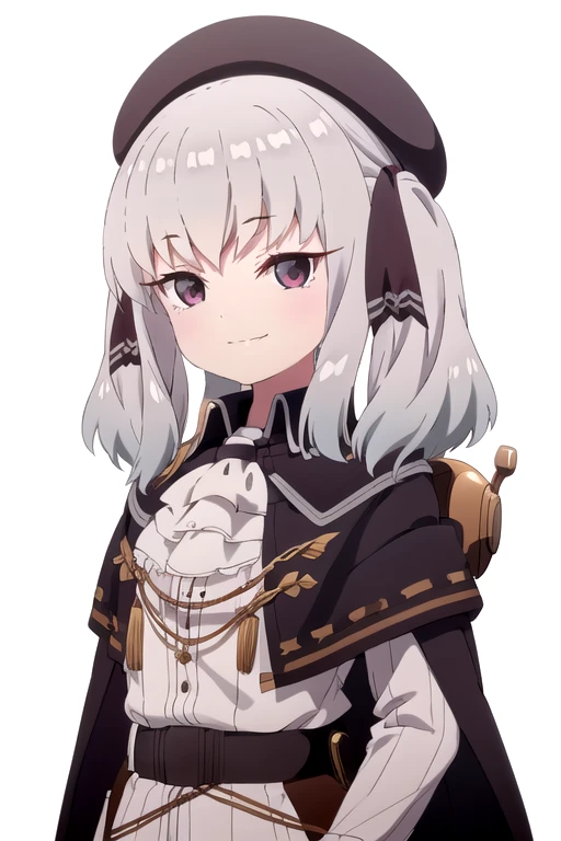 solo, 1girl, looking at viewer, 2D, anime, anime coloring, upper body, (solid white background:1.3), <lora:retzel-primadoll-01:0.8>, retzel, hat, beret, capelet, looking at viewer, smile, smirk