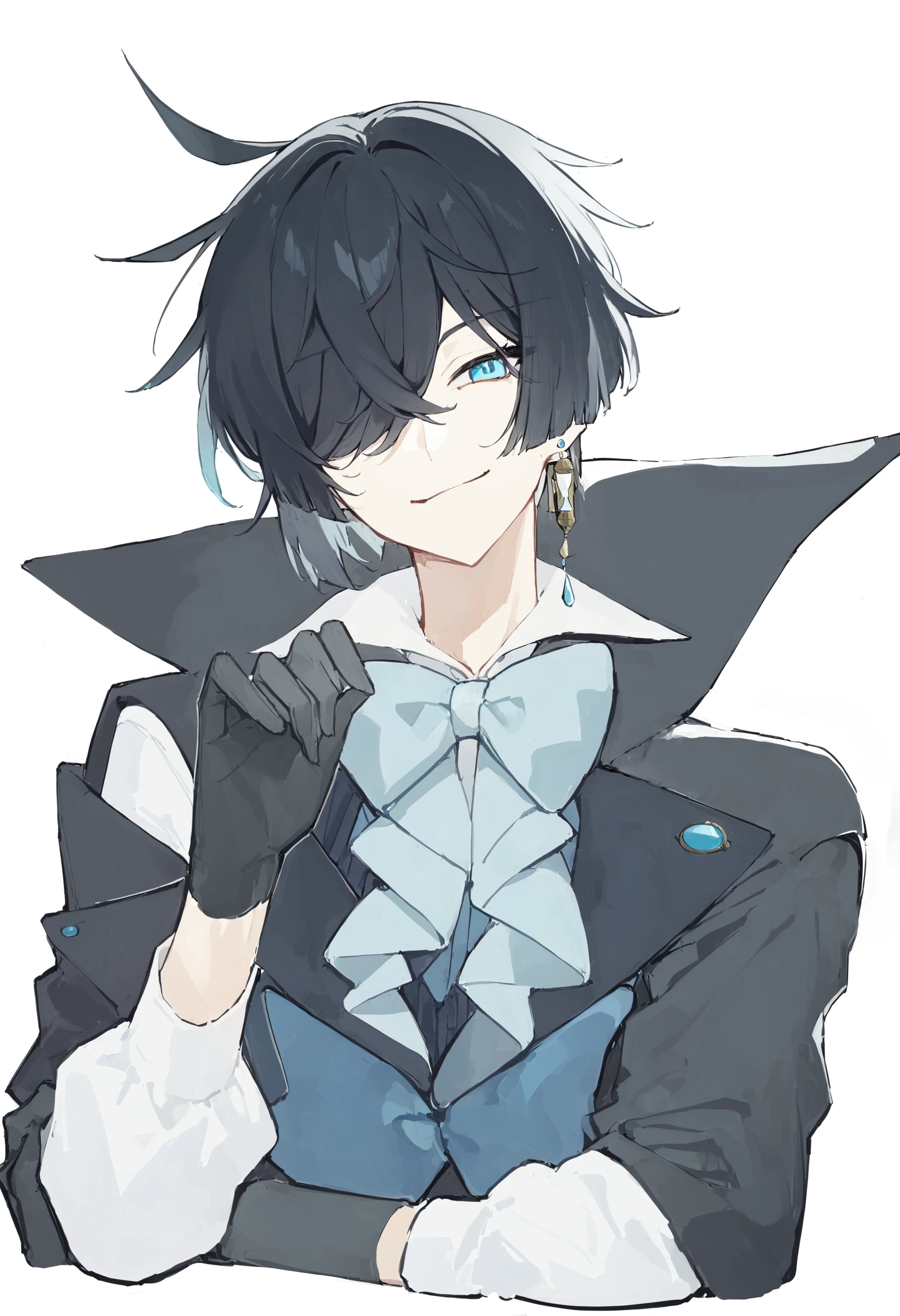 1boy, Vanitas, male focus, solo, short hair, blue eyes, shirt, black hair, gloves, long sleeves , bow, jewelry, black jacket, blue vest, white shirt, earrings, half closed eyes,black gloves, collared shirt, bowtie, hair over one eye, one eye covered, smile, closed mouth, looking at viewer, (cropped upper body:1.2), (standing, front:1.5), (white background, simple background:1.2), masterpiece, best quality, nagi <lora:nagi_XL_v2:1> <lora:vanitasxl:1>