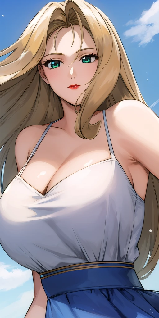 <lora:RexV4:0.7> macross7rex, huge_breasts, standing, solo, sundress, masterpiece, best_quality, detailed_face, detailed_eyes, highres, beautiful, detailed,