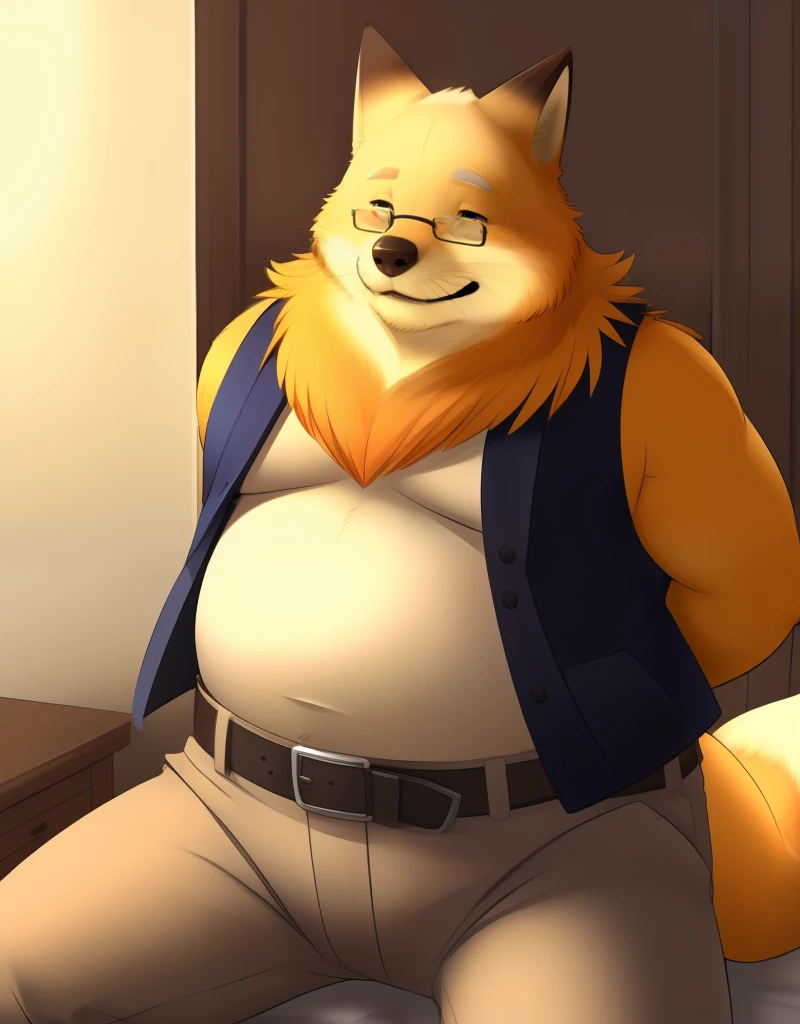 (((detailed eyes, detailed face))), (furry, tetsuya <lora:character_tetsuya_findigo_v3:1>, yellow fur, blonde hair, fox, old man, closed eyes:1.8, ^_^), male, (solo), (plump, fat, chubby, overweight), (blue jacket, sleeveless, brown pants, small glasses), sitting, (arms behind back), smile BREAK (konzaburou, ukan_muri, cute), bedroom, (flat shading, high brightness), 8k, UHD, masterpiece, (full body)