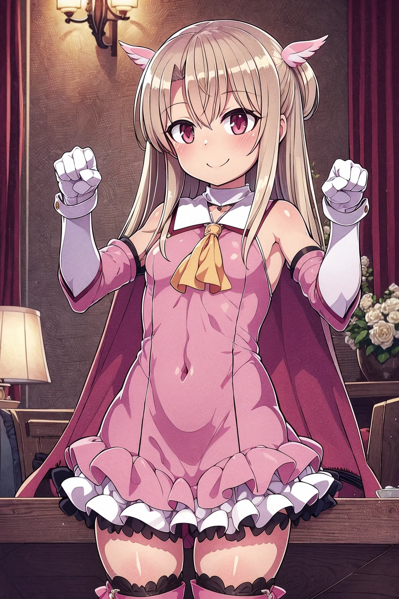 <lora:null+CF2-000010:1> null+,  <lora:illyasviel_von_einzbern_(fate_kaleid_liner)_v1:0.7> aaillya, long hair, two side up, hair ornament, small breasts, magical girl, cape, yellow ascot, pink dress, sleeveless, detached sleeves, white gloves, white skirt, pink thighhighs,, (masterpiece, top quality, extremely detailed, best quality, beautiful and aesthetic:1.2), (1girl:1.3), official art, high resolution, surreal,, cowboy shot, living room, noon, paw pose, smile