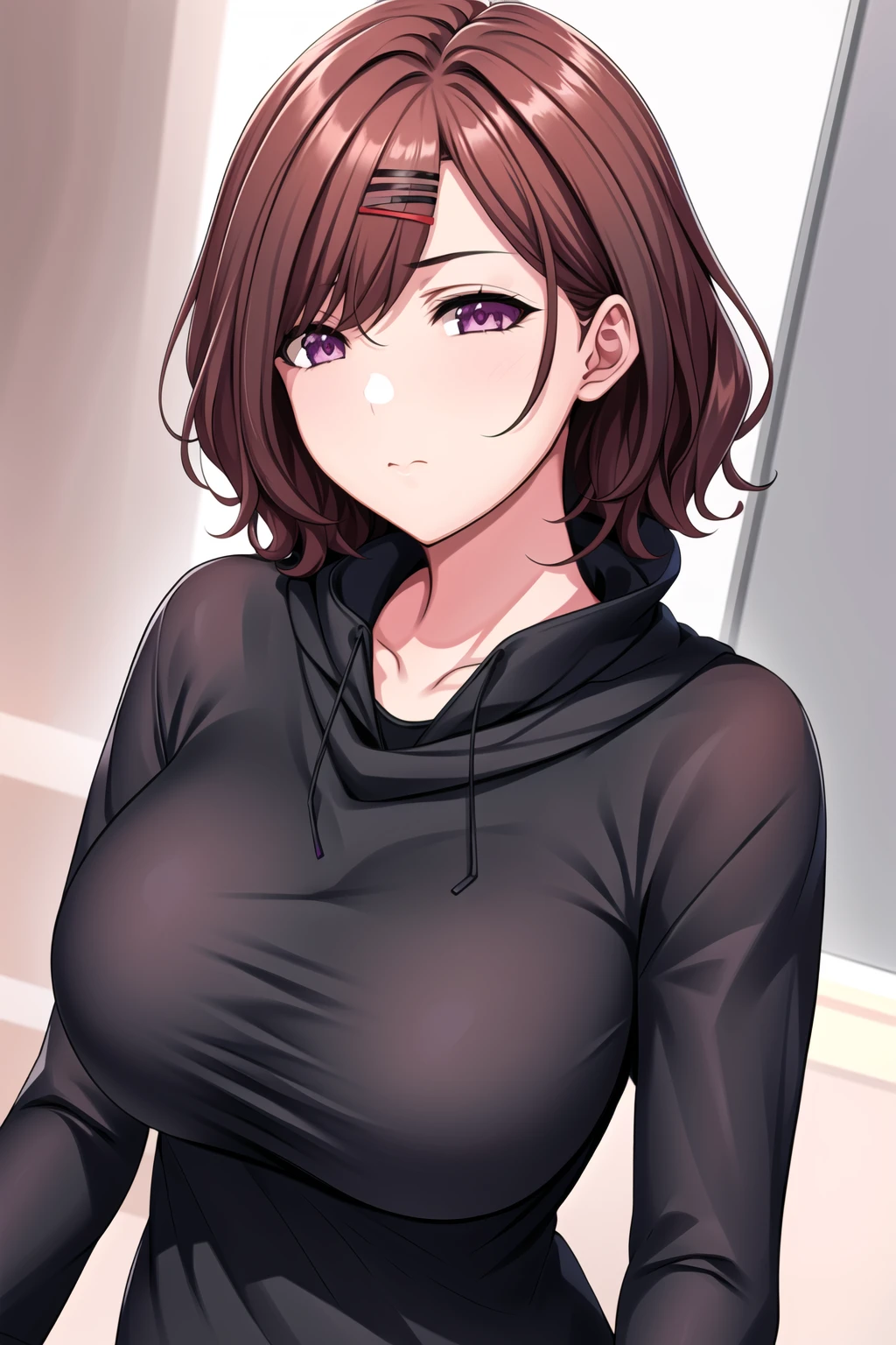 Simple Background,White Background,
black hoodie,long sleeves,
<lora:madoka_higuchi_iDOLMaSTER-KK77-V1:0.7>,hair ornament,higuchi madoka,
purple eyes, brown hair,bangs,short hair,
<lora:Oda_Non_Style-KK77-V2:0.3>,<lora:more_details:0.1>,
1 girl, 20yo,Young female,Beautiful long legs,Beautiful body,
Beautiful Nose,Beautiful character design, perfect eyes, perfect face,expressive eyes,perfect balance,
looking at viewer,(Focus on her face),closed mouth, (innocent_big_eyes:1.0),(Light_Smile:0.3),
official art,extremely detailed CG unity 8k wallpaper, perfect lighting,Colorful, Bright_Front_face_Lighting,White skin,
(masterpiece:1.0),(best_quality:1.0), ultra high res,4K,ultra-detailed,
photography, 8K, HDR, highres, absurdres:1.2, Kodak portra 400, film grain, blurry background, bokeh:1.2, lens flare, (vibrant_color:1.2),professional photograph,
(Beautiful,large_Breasts:1.4), (beautiful_face:1.5),(narrow_waist),