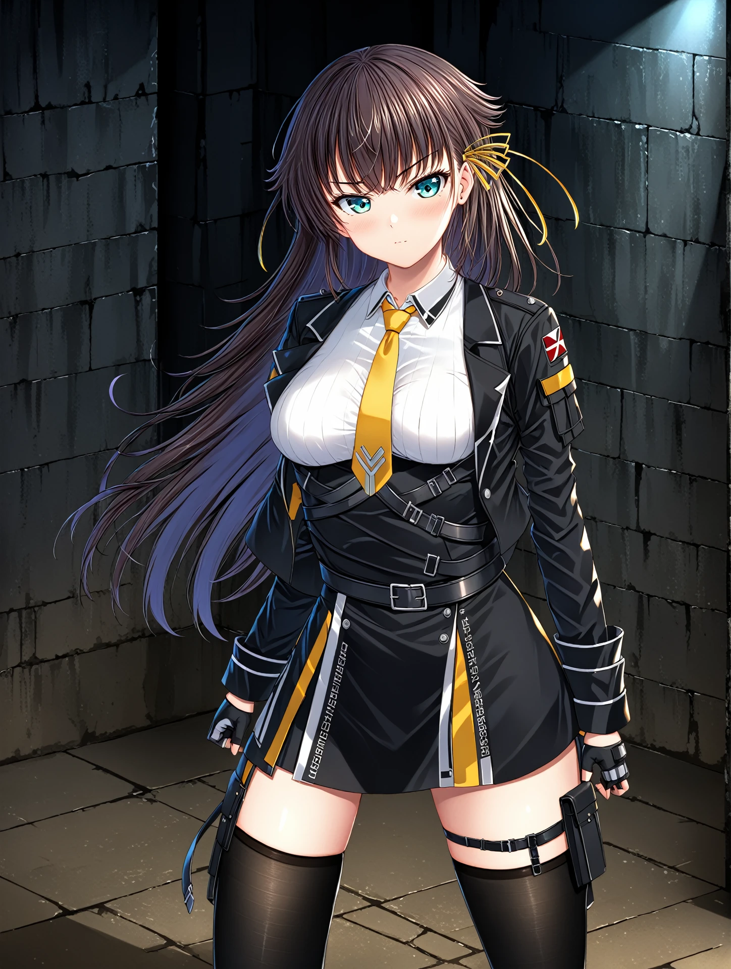 masterpiece best quality,
<lora:kana_kashiwazaki-sdxl:0.85>
1girl,solo,
kanakashiwazaki, yellow ribbon, aqua eyes,
(geisterjaeger uniform),  black jacket, fingerless gloves, belt, cleavage, medium breasts, long sleeves, yellow necktie,black thighhighs, stern looking, serious, closed mouth,  white shirt,
standing, underground, dungeon, sone wall, night, dark,
