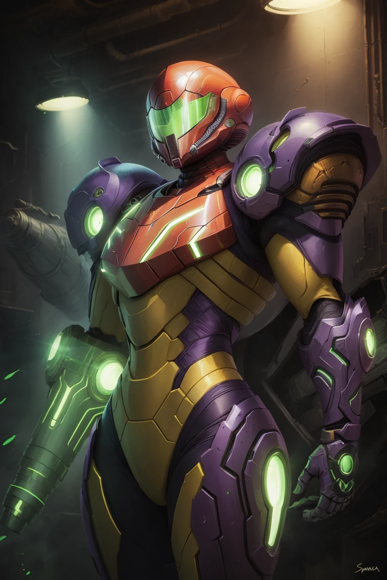 ((masterpiece,best quality)),  <lora:Samus_Varia_Suit:0.8>,  samus aran, (purple armor:1.2),  varia suit, arm cannon, aura, glowing, neon trim,   solo, cowboy shot,