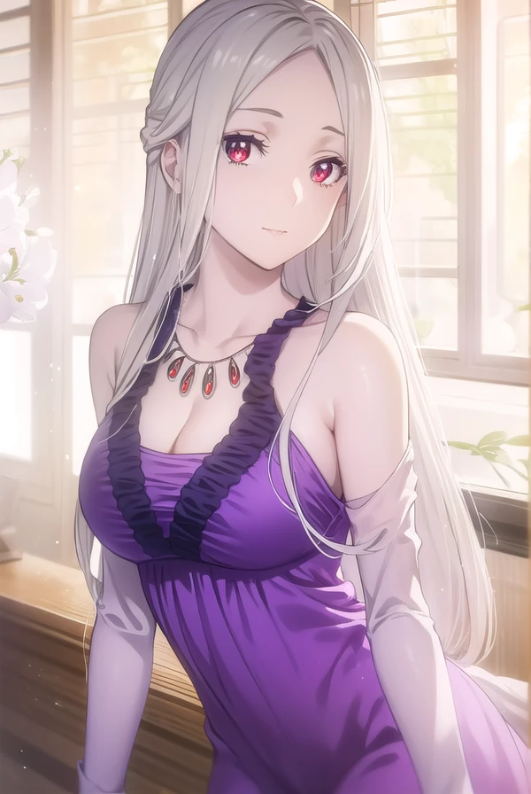 leonoranakiri, <lora:leonora nakiri s2-lora-nochekaiser:1>,
leonora nakiri, long hair, (red eyes:1.2), white hair, pale skin, (forehead:1.2), smile,
BREAK dress, cleavage, bare shoulders, jewelry, necklace, purple dress,
BREAK indoors,
BREAK looking at viewer, (cowboy shot:1.5),
BREAK <lyco:GoodHands-beta2:1>, (masterpiece:1.2), best quality, high resolution, unity 8k wallpaper, (illustration:0.8), (beautiful detailed eyes:1.6), extremely detailed face, perfect lighting, extremely detailed CG, (perfect hands, perfect anatomy),