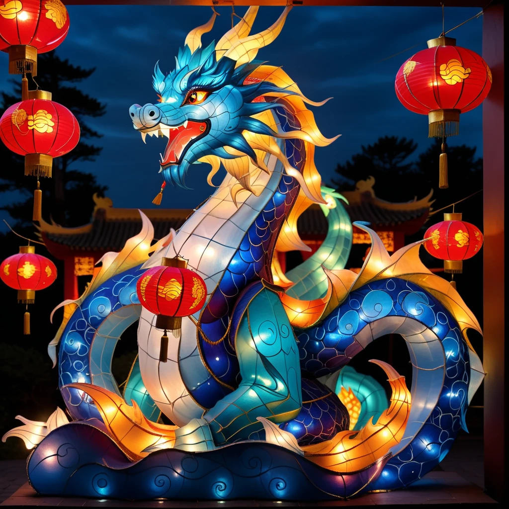Create an image in a realistic style featuring a Chinese dragon composed entirely of lanterns. The dragon's body should be elegantly winding, with each segment represented by a glowing lantern, illuminating a mystical path it follows. The lanterns vary in size and color, creating a vibrant tapestry that captures the essence of traditional Chinese art. The dragon's eyes should be especially luminous, casting a wise and serene gaze. The background is a moonlit sky, enhancing the ethereal beauty of the lantern-lit dragon as it seems to dance gracefully through the night, <lora:lightflower3:0.8>