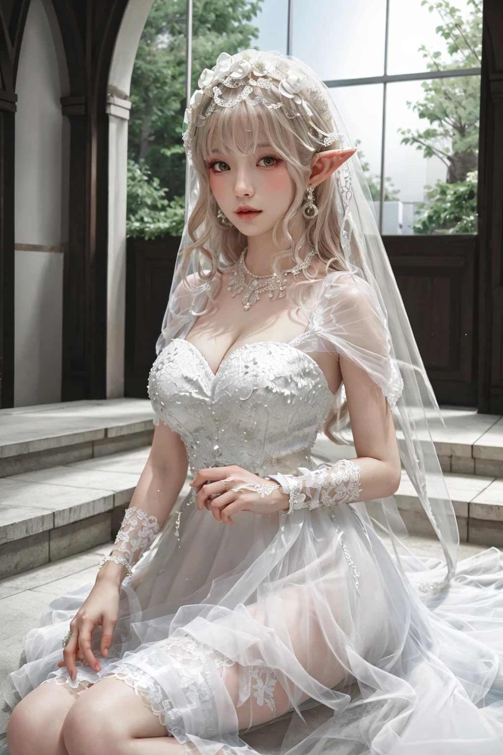 ((best quality)),absurdres,(ultra high res), a woman in a wedding dress, elf, natural beauty, sitting, perfect female body, extremely detailed, (realistic), (8k), (Masterpiece), (realistic skin texture), <lora:bride:0.7>