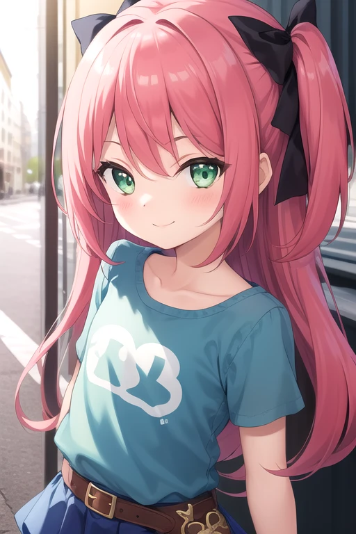 ((masterpiece)),(best quality),official art,extremely detailed CG,unity 8k wallpaper,ultra detailed,beautiful detailed eyes,extremely detailed face,street,1girl,solo,upper body,(portrait:1.5),looking at viewer,facing viewer,smile,child,(petite:1.2),douraku utage,very long hair,red hair,pink hair,one side up,floating hair,hair ribbon,hair bow,sidelocks,bangs,green eyes,t-shirt,blue shirt,print shirt,flat chest,belt,blue skirt,miniskirt,layered skirt,white socks,sneakers,<lora:Douraku Utage(noucome)>,