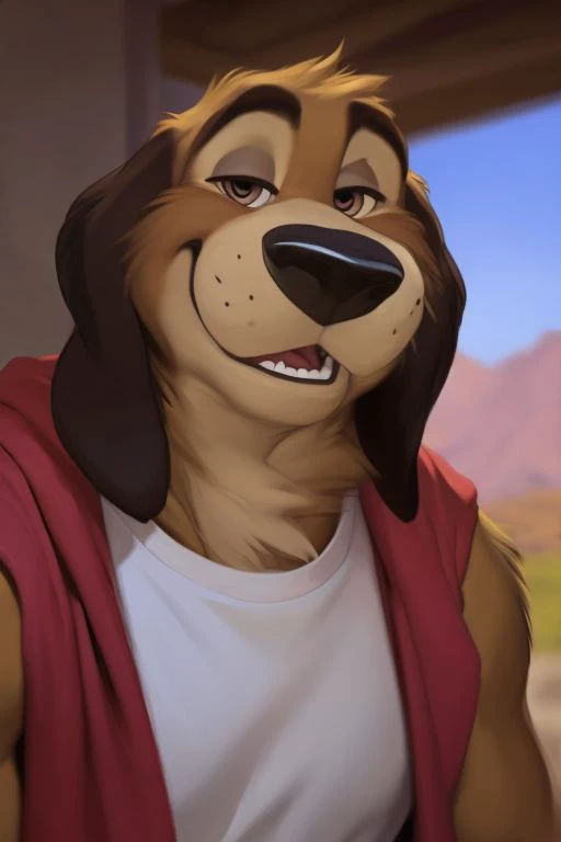 (by Meesh:1), (by darkgem:0.8), (by chunie:1), masterpiece, looking at viewer,  detailed fur, (detailed pixar eyes:1.2), detailed eyes, male, anthro, <slora:add_detail:0.4> ((Cash)), ((Canine)), Hound