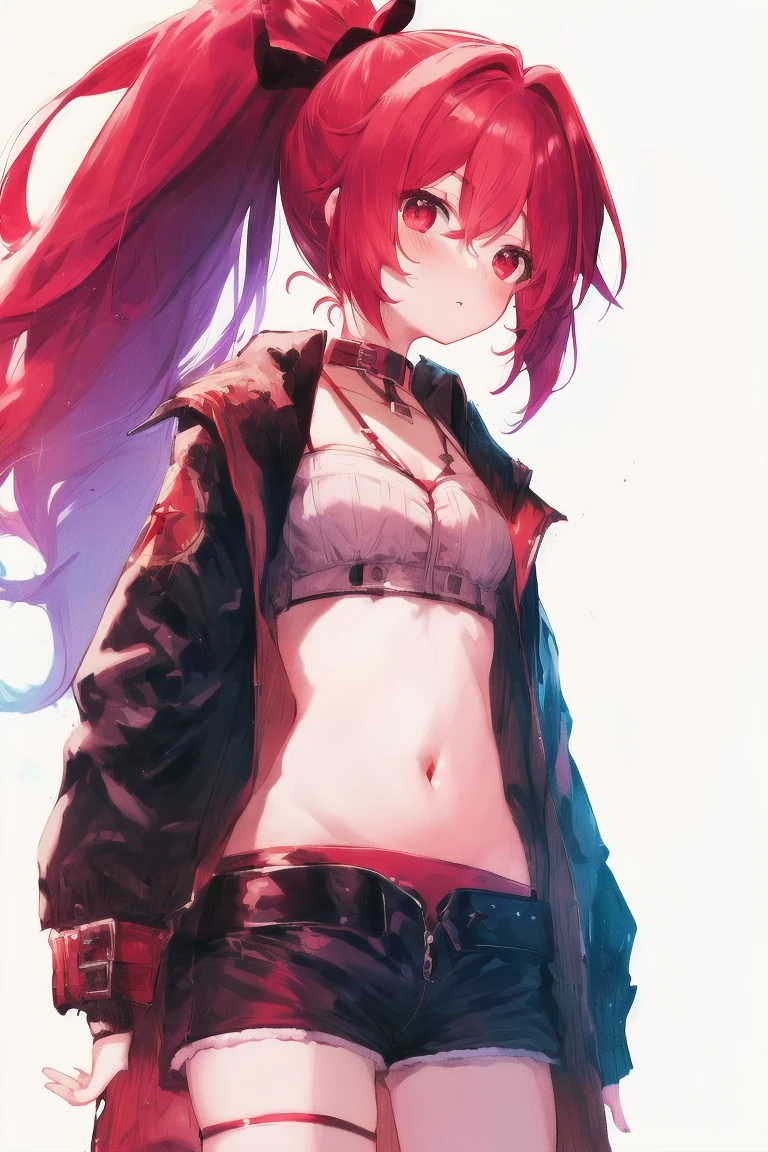 1girl, solo, navel, shorts, jacket, long hair, short shorts, red eyes, blush, red hair, hair between eyes, denim, white background, midriff, ponytail