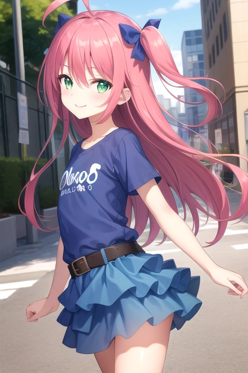 ((masterpiece)),(best quality),official art,extremely detailed CG,unity 8k wallpaper,ultra detailed,beautiful detailed eyes,extremely detailed face,street,1girl,solo,cowboy shot,looking at viewer,facing viewer,smile,child,(petite:1.2),douraku utage,ahoge,very long hair,red hair,pink hair,(one side up:1.2),floating hair,hair ribbon,hair bow,sidelocks,bangs,green eyes,t-shirt,blue shirt,print shirt,flat chest,belt,blue skirt,miniskirt,layered skirt,white socks,sneakers,<lora:Douraku Utage(noucome)>,
