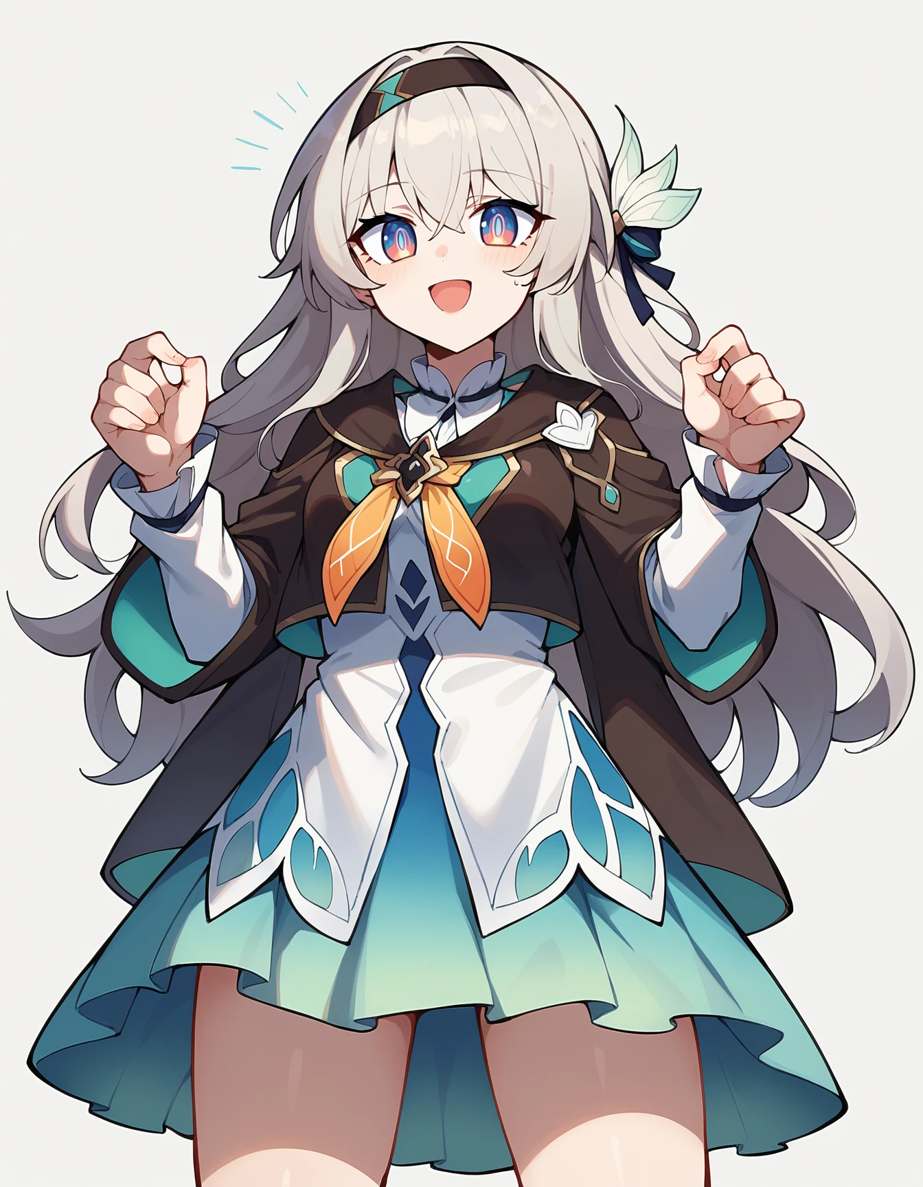 score_9, score_8_up, score_7_up, white background, simple background,
BREAK
source_anime, (osiimi, aztodio:0.75), (niliu chahui:0.35), (asura \(asurauser\):0.2), 
BREAK
(1girl, solo, solo focus), fireflydef, grey hair, long hair, jacket, dress, hair ornament, hairband, happy,
from below 
 <lora:Firefly-v2.5.3-PDXL:1>