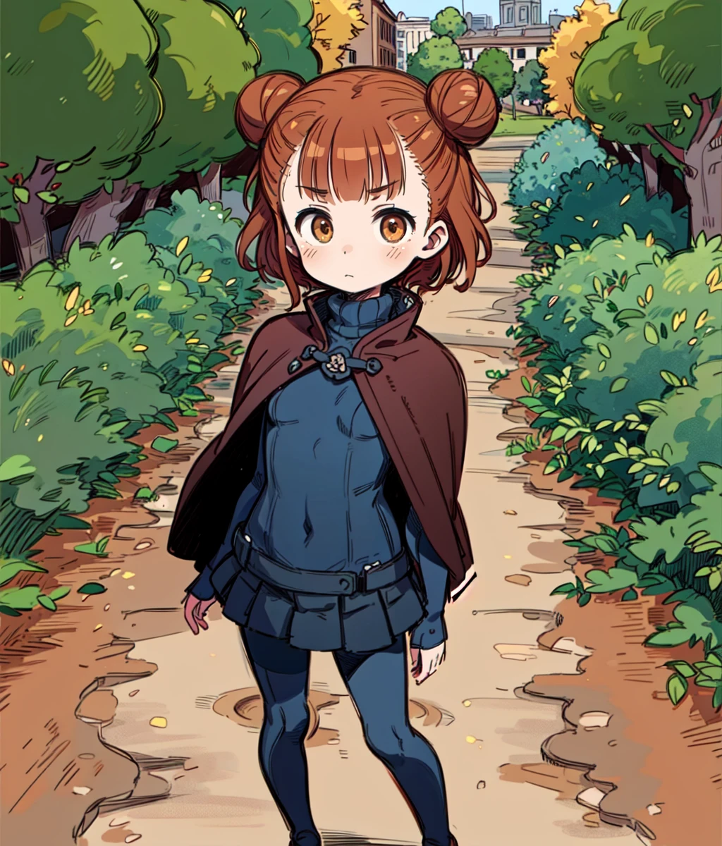 (masterpiece, best quality:1.2), 1girl, solo, brown hair, short hair, sidebun, brown eyes, dark blue tigh clothes, dark blue, leggings, ((miniskirt)), small breasts, dark blue. turtleneck sweater, leg warmers, arm warmers, brown cape, standing, cowboy shot, outdoors, full body, victorian, london, <lora:Beatriche SD:1>