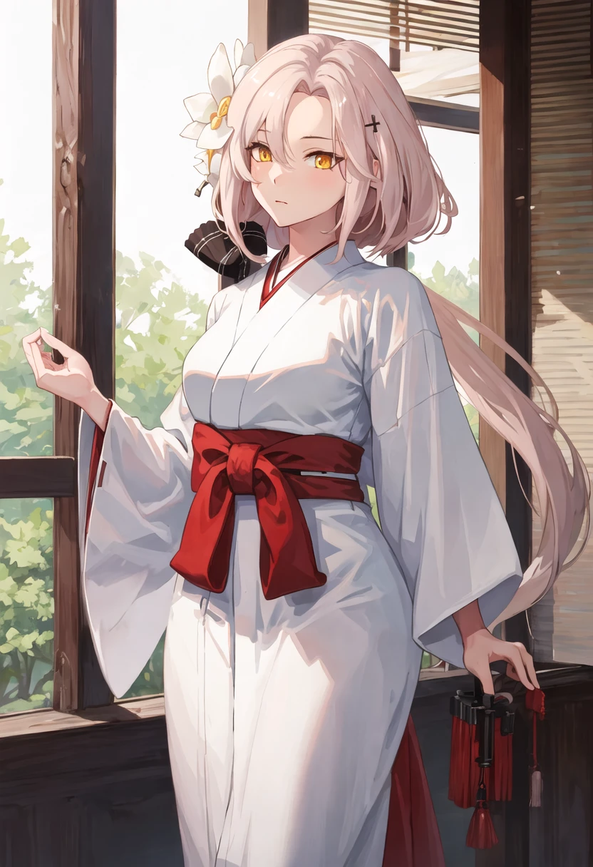 best quality, masterpiece, highres, solo, {aug_girlsfrontline:0.90}, {white kimono:1.35}, {red hakama:1.35}, {wide sleeves:1.20}