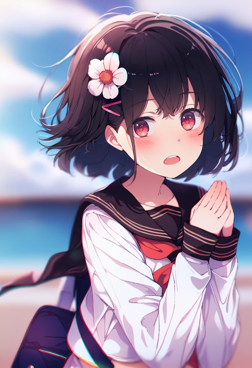 score_9, score_8_up, score_7_up, score_6_up, score_5_up, score_4_up, masterpiece, best quality, <lora:DPOXL:1> <lora:ogipoteXL_AP_V1:1>1girl, solo, hair ornament, black hair, school uniform, outdoors, hair flower, flower, sailor collar, red eyes, open mouth, white shirt, serafuku, long sleeves, blush, shirt, day, blurry background, blurry, bag, looking at viewer, bangs, upper body, sky, black sailor collar, upper teeth only, teeth, neckerchief, blue sky, school bag, hairclip, short hair, own hands together, bow, cloud, collarbone
