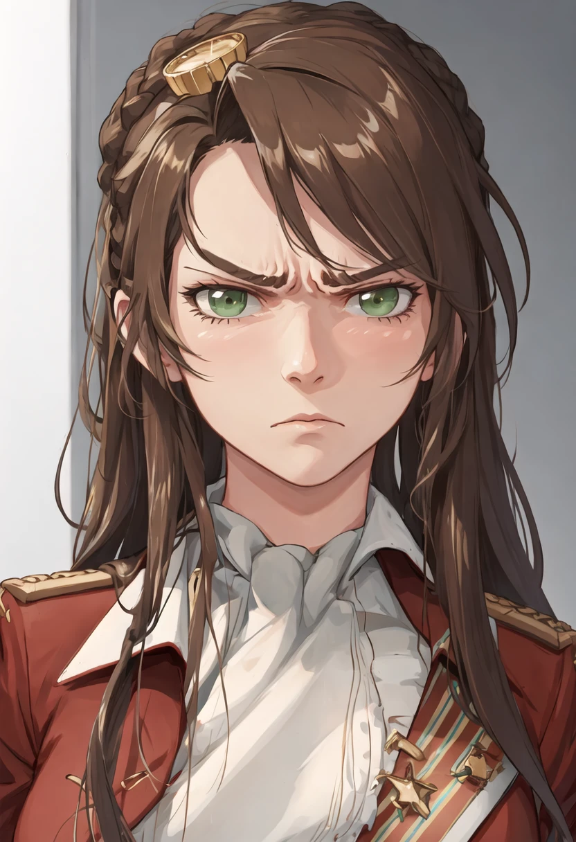 best quality, masterpiece, highres, solo, {lee_enfield_girlsfrontline:0.90}, angry, annoyed, portrait, looking at viewer