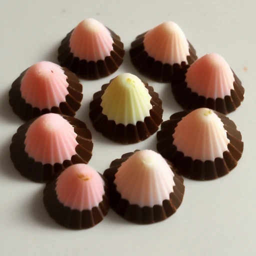 simple background, food, no humans, fruit, shadow, leaf, from above, candy, chocolate, realistic, shell, food focus, cream, seashell, still life, sweets, dessert, UPROLL, cone, <lora:Up_and_Roll_v1:0.7>