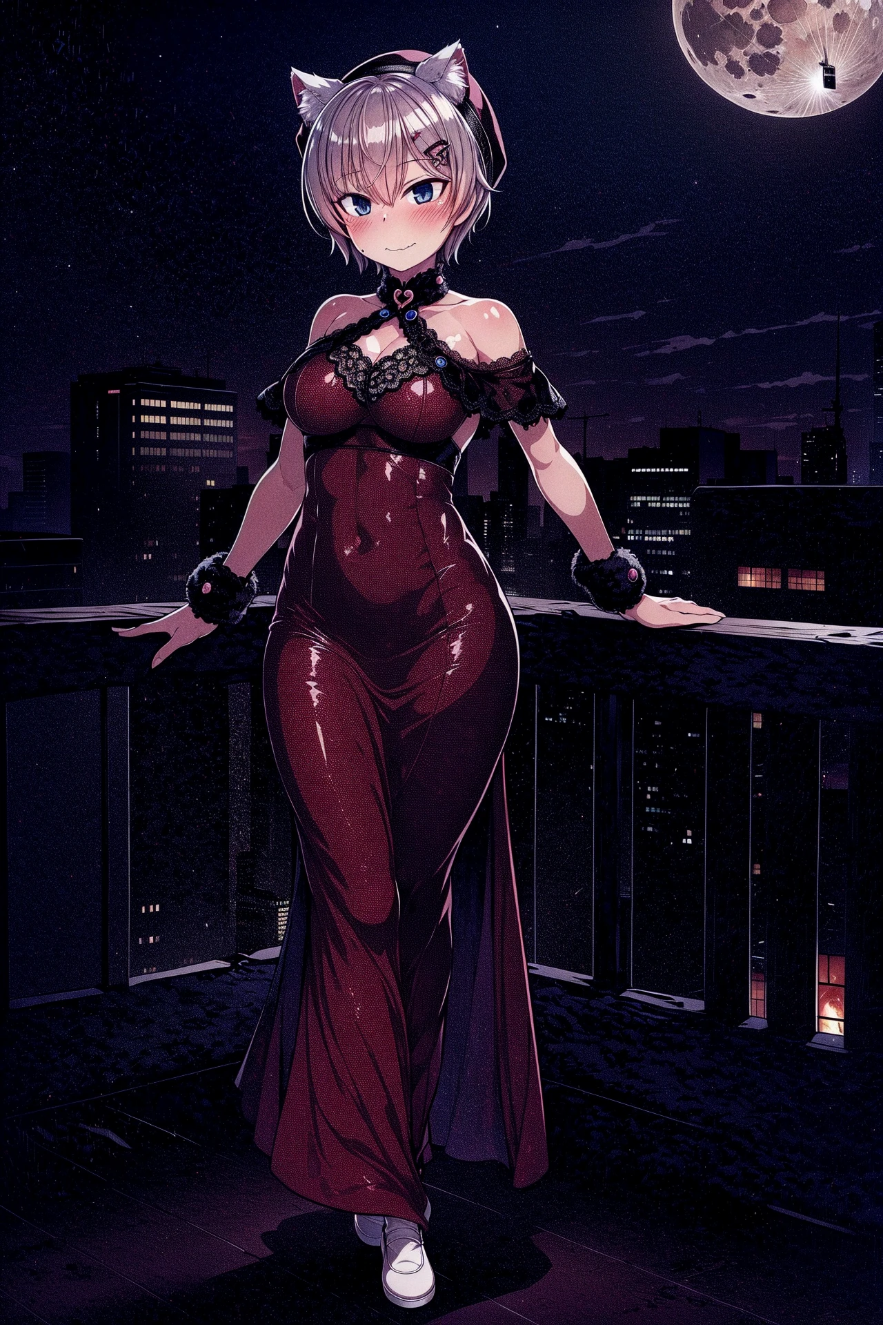 <lora:null+CF2-000010:0.9> null+,  <lora:add_detail:0.7>, (masterpiece, top quality, extremely detailed, best quality, beautiful and aesthetic:1.2), (1girl:1.3), official art, high resolution, surreal,, from afar, full body, rooftop, tokyo \(city\), building, skyscraper, night, moon, singing, gray hair, short hair, topknot, amber eyes, young, Blush pink off-shoulder maxi dress with lace detailing, beanie hat, medium breasts, wavy mouth, closed mouth, animal ears, ear fluff, half-closed eyes, smile