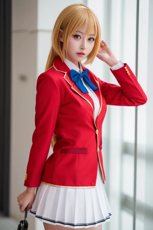 ltra-detailed,highly detailed,best quality,masterpiece,illustration,realistic,photorealistic,
1girl, solo, cosplay,
sjxf, school uniform, red blazer, ascot, collared shirt, white pleated skirt,
looking at viewer, cowboy shot, standing,
flower, simple background,
<lora:sjxf_v1_06:0.8>