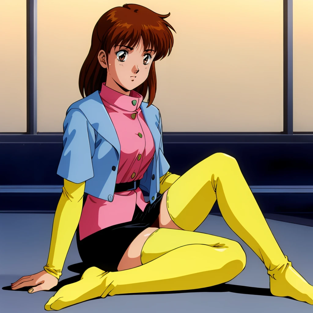 retro anime, scanlines, 1990, solo, 1girl, chromatic aberration, looking at viewer, sitting